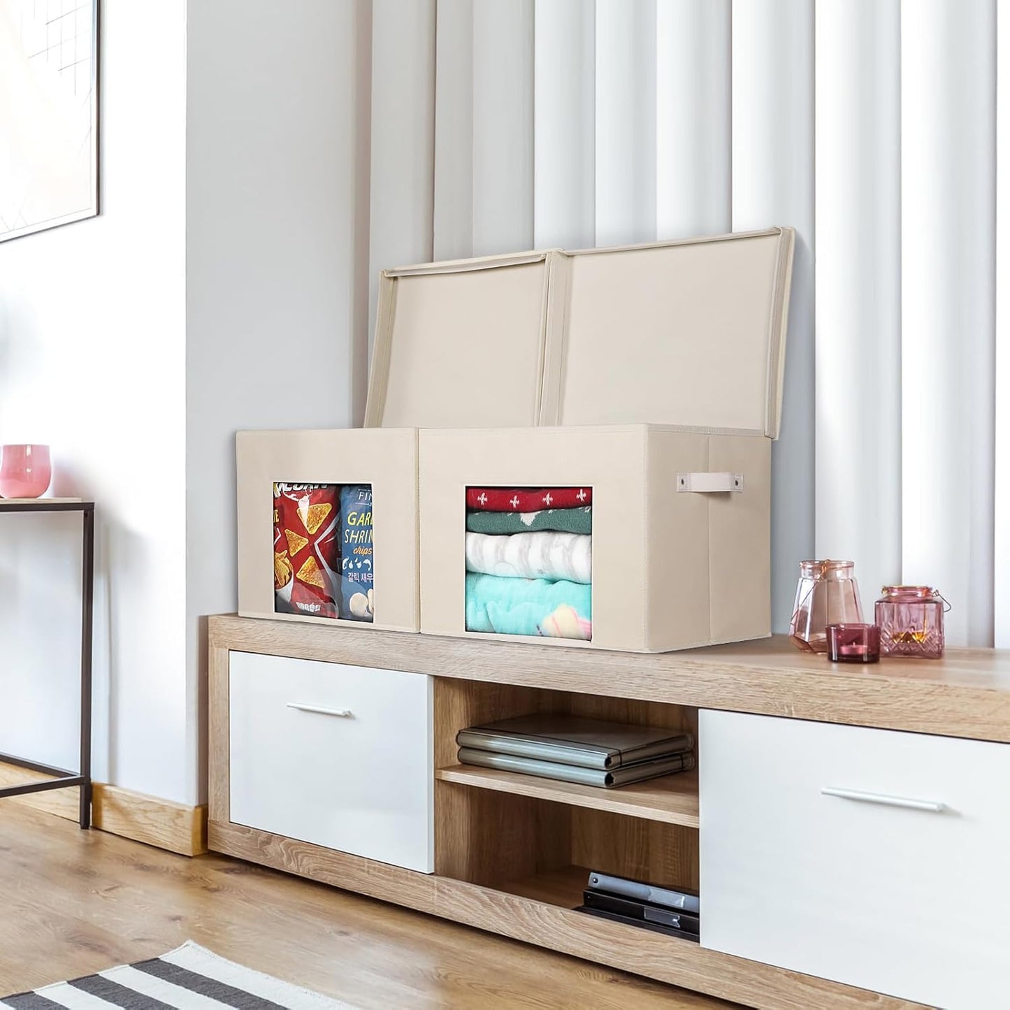 Univivi Foldable Fabric Storage Boxes Large Storage Bins with Lids [4-Pack] Collapsible Storage Cubes Organizer Containers Organization Baskets for Home, Bedroom, Closet (Beige, 17“ x 12” x 12")