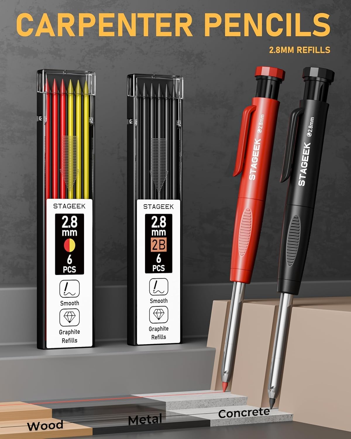 17 Pack Carpenter Pencil Set with Sharpener, Mechanical Carpenter Pencils with 60 Refills, Deep Hole Long-Nib Marker Pens, Carbide Scribe Tool & Construction Pencils for Architect with Case
