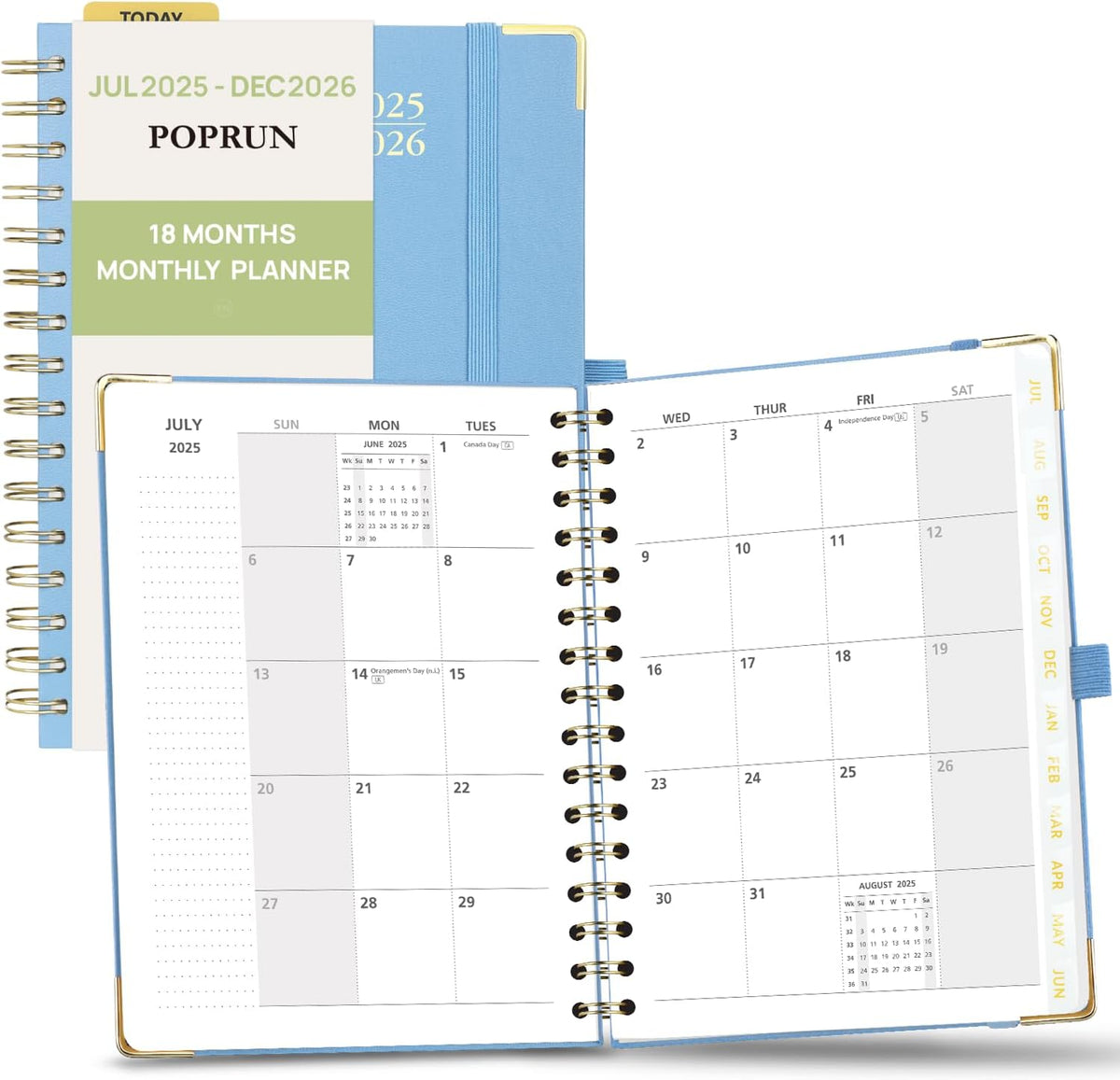 POPRUN Monthly Planner 2025-2026 Spiral Hardcover (6.25'' x 8.5''), 18 Months Calendar (Jul.2025 - Dec.2026)- 2 Pages per Month with Dotted Note Pages, Sunday Start, Laminated Tab - Haze Blue