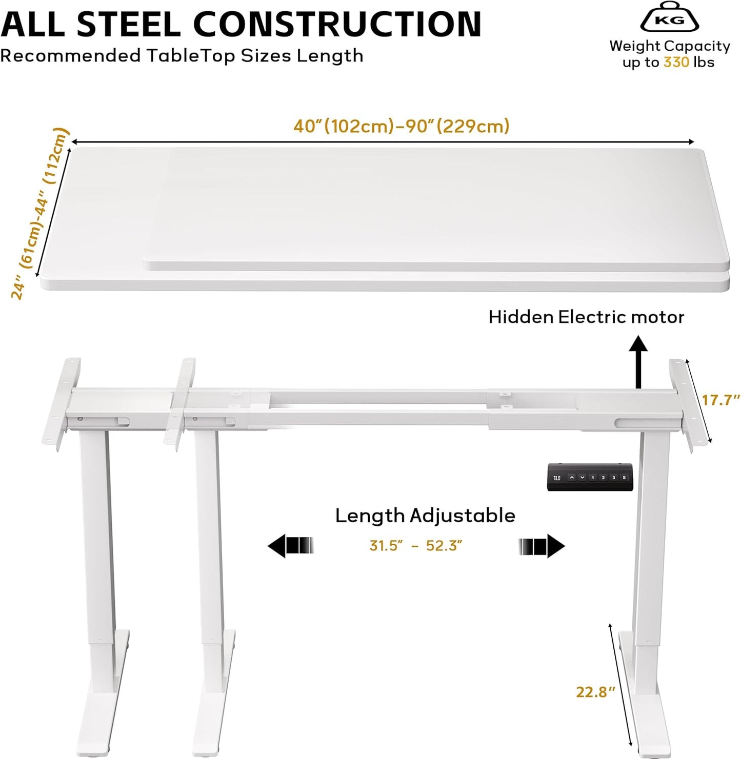 330lbs Dual Motor Standing Desk Frame for 40 to 90″ Desktop, Electric Adjustable Legs with Memory Presets, Stand Up Desk Frame Workstation for Home Office, White Frame Only