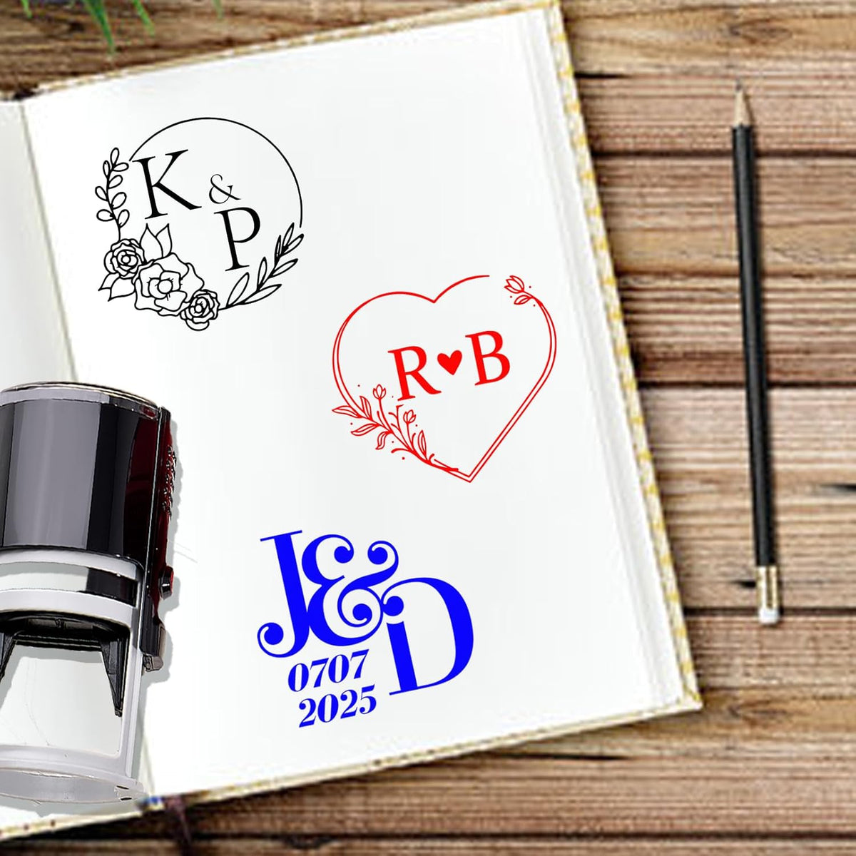 Personalized Book Embosser Stamp with Name & Design, Custom Hand Carved Library Embosser Set, Elegant Invitation Seal of Self-Inking from Library Stamp Kit (Wedding)