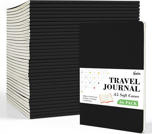 feela 36 Pack Soft Cover Journal Bulk, Lined Blank Travel Journal for Women Men Writing, Notebooks College Ruled for Work, Note Taking Notebook School Business Supplies, 8.2” x 5.5”, A5, Black