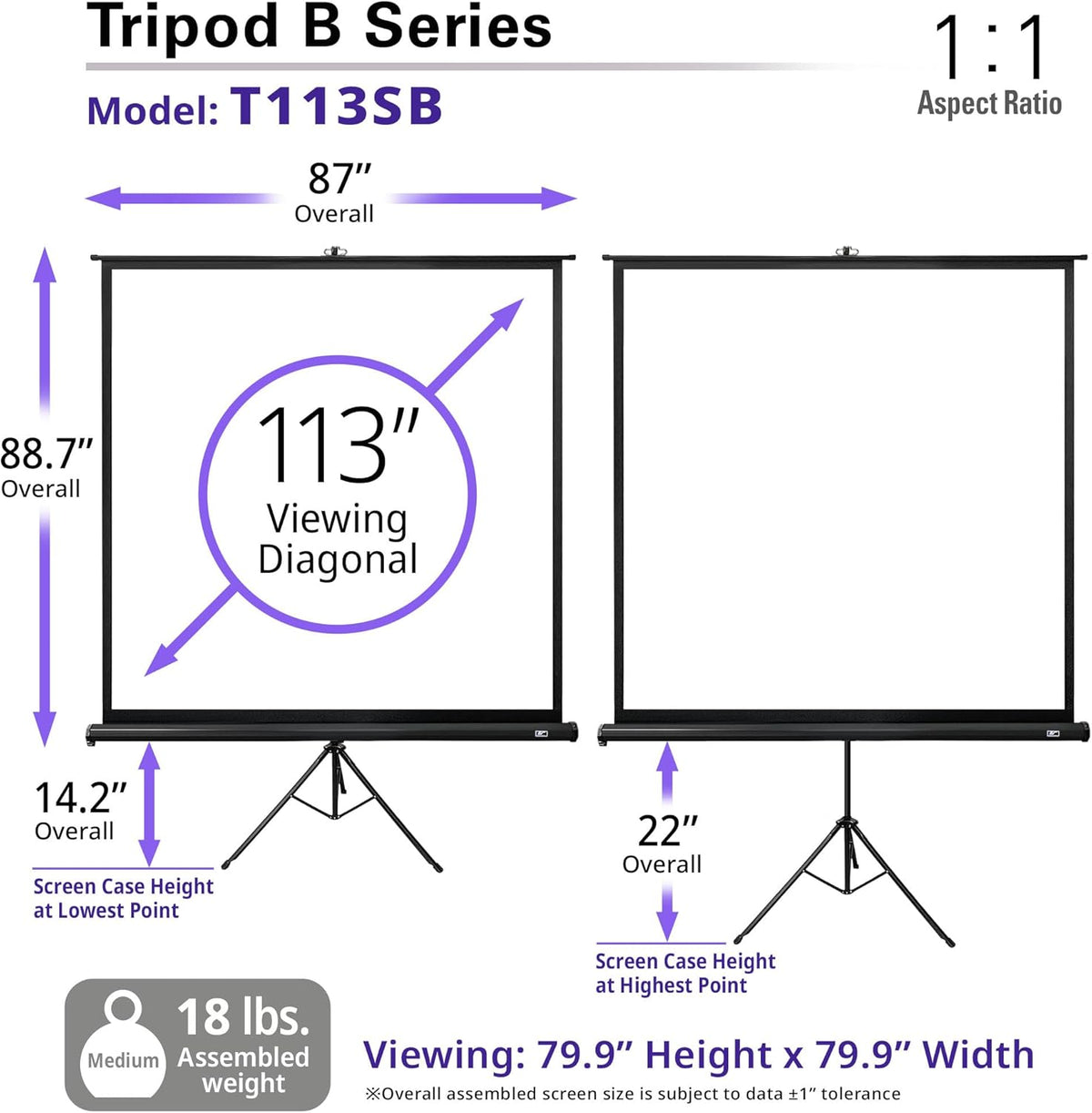 Elite Screens Tripod B, 113-INCH 1:1, Lightweight Pull Up Foldable Stand, Manual, Movie Home Theater Projector Screen, 4K / 8K Ultra HDR 3D Ready, 2-YEAR WARRANTY, T113SB
