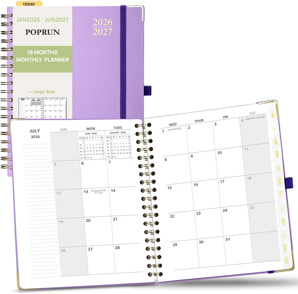 POPRUN Monthly Planner 2026-2027 Spiral Hardcover (8'' x 10''), 18 Months Calendar (Jan.2026-Jun.2027) - 2 Pages per Month with Dotted Note Pages, Sunday Start, Laminated Tab - Violet