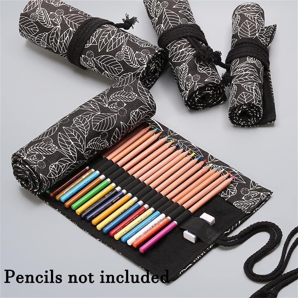 DIYOMR 24/36/72 Slots Pencil Wrap Pencil Rolls, Artist Colored Pencils Roll Up Bag Short Brushes Pouch Case Pencils Organizer for Drawing Coloring and Sketching (Black Leaves, 36slots)