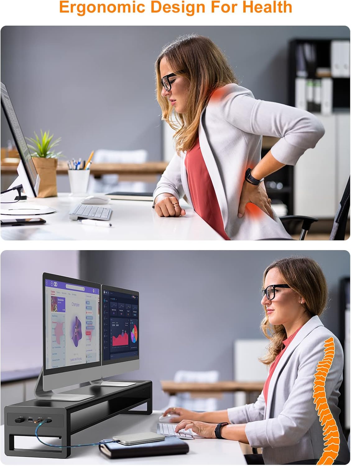 2 Tiers Dual Monitor Stand with Auto Charging Pad, 4 USB 3.0 Hub Ports, Double Monitor Riser, Metal Desk Stand with Storage, Long Screen Raiser for 2 Monitors/PC/Laptop/Computer Space Saver Organizer