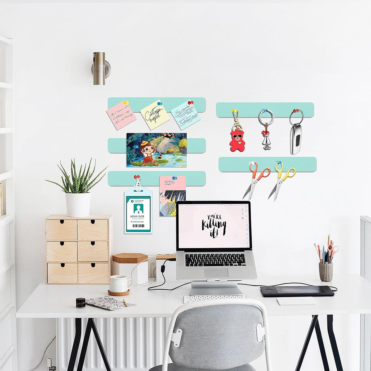 Felt Pin Board Bar Strips Bulletin Board for Bedrooms Offices Home Wall Decoration, Notice Board Self Adhesive Cork Board with 35 Push Pins for Paste Notes, Photos, Schedules (Light Blue)