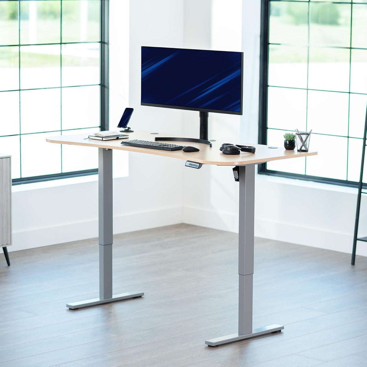 VIVO Electric 63 x 32 in Standing Desk, Memory Height Adjustment, 1B Series, Light Wood Top Gray Frame, DESK-KIT-1G1C