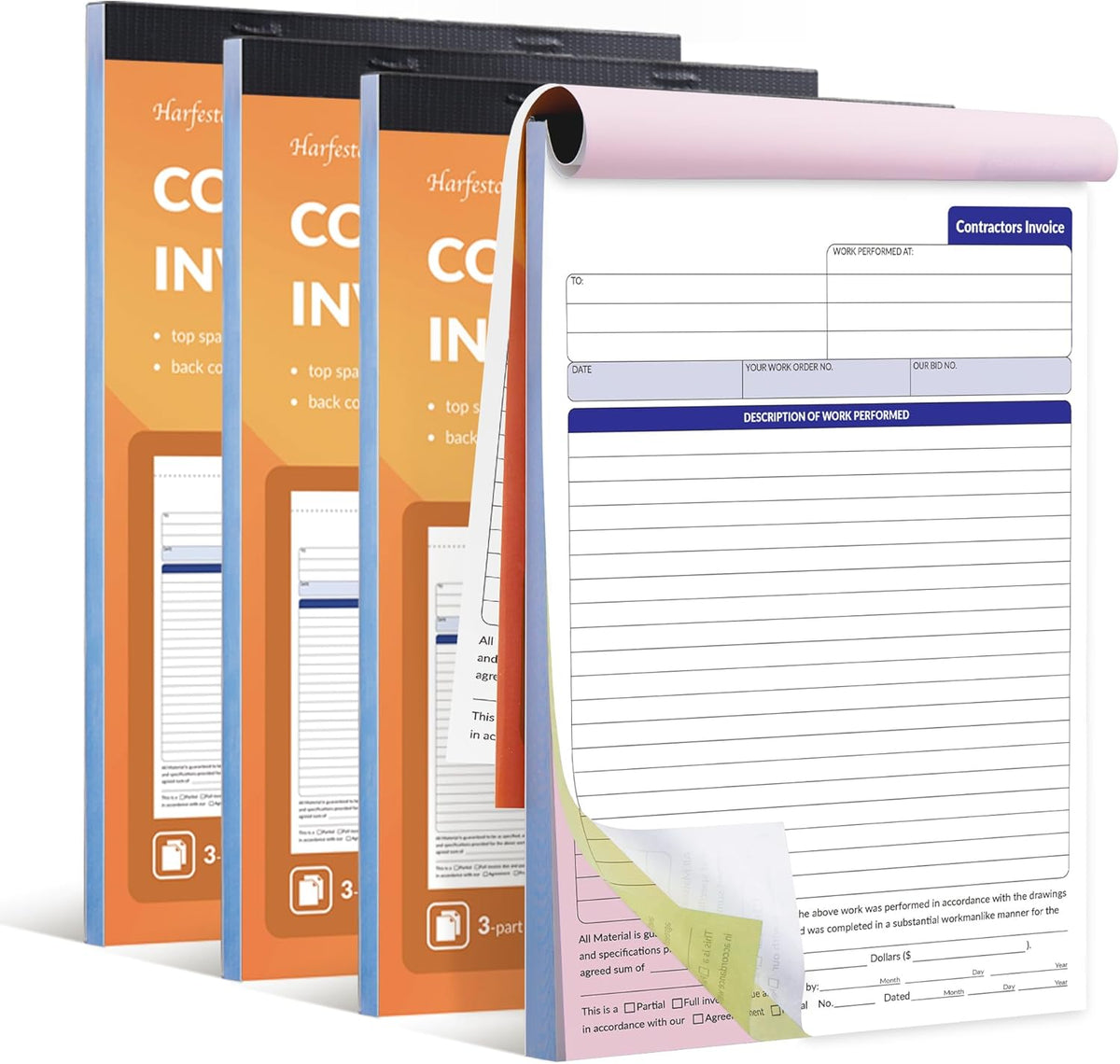 Large Contractor Invoice Book, Invoice Receipt Book for Small Business, 3 Part Carbonless Work Order Estimate Forms, 8x11 in, 200 Sets (4 Books)