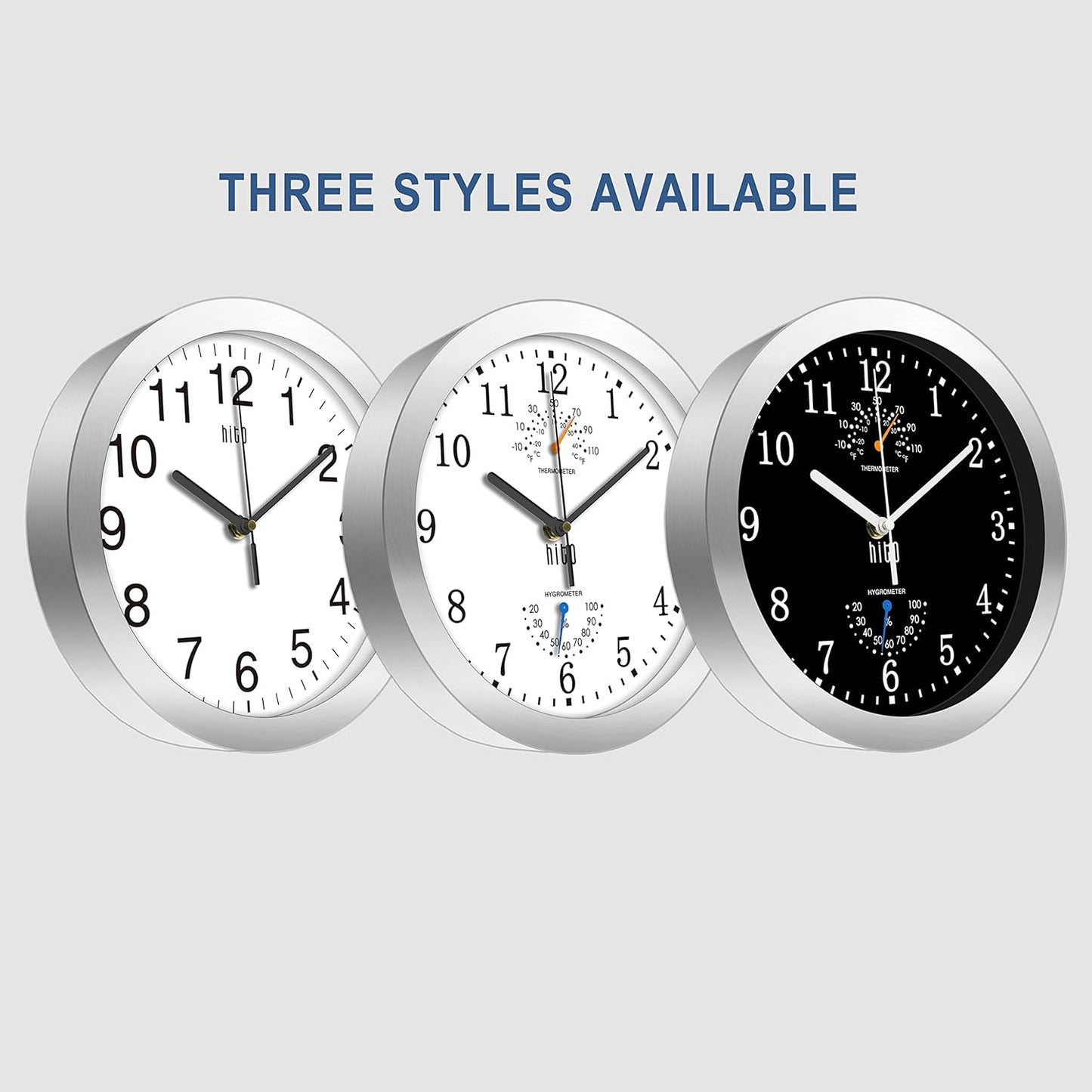 HITO 10 Inch Silent Wall Clock Battery Operated Non Ticking Glass Cover Silver Aluminum Frame, for Kitchen, Bedroom, Home Office, Living Room Decor (Black)