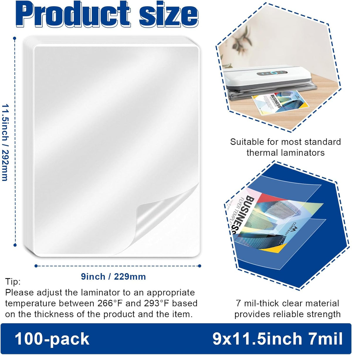 100 Pack 9x11.5inch 7mil Letter Size Laminating Sheets Thermal Laminating Pouches Paper Laminator Sheets File Card Laminator Pouches 8.5x11inch for Permits Cards File Photos (100, 9"x11.5"-7mil)