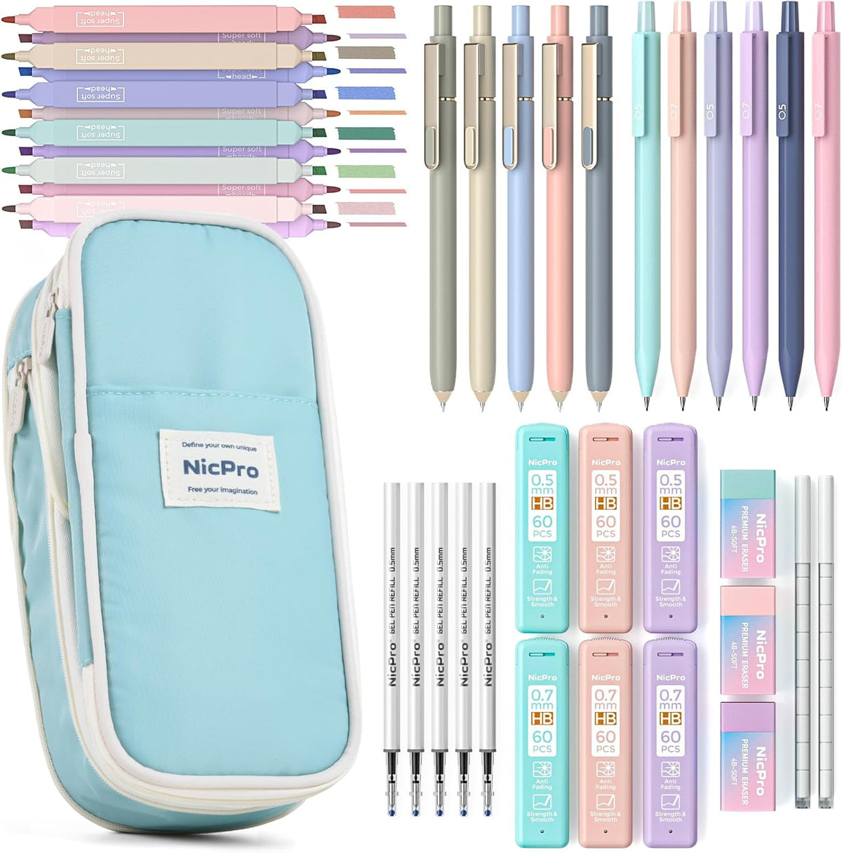 Nicpro 39 PCS Aesthetic School Supplies with Cute Pen Case, 12 Pastel Highlighters, 5 Black Ink Gel Pens, 6 Mechanical Pencils Set 0.5 & 0.7mm for Students Stationary College Essentials (Blue)