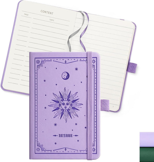 EMSHOI A6 Pocket Notebook for Women Men - 3.7x5.7 Mini Lined Journal, 100GSM Thick 160 Numbered Pages Memo Notepad, Leather Hardcover Small Notebook for Work School Travel Writing - Light Purple