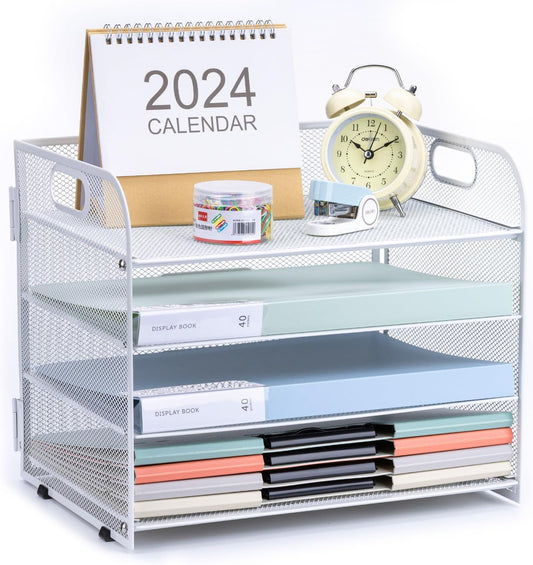 4-Tier Paper File Tray Organizer, Desk Organizer Tray with Handle, Mesh Desk File Organizer for Office Supplies Desktop Accessories - White