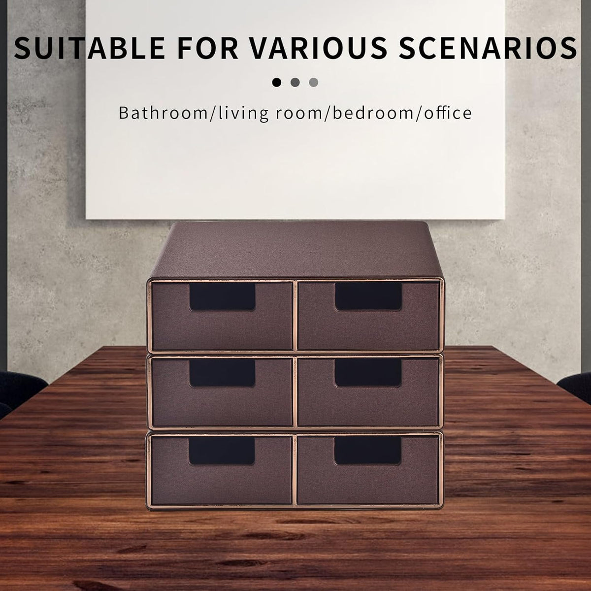 Linen Leather Desk Organizer and monitor stand with Drawers－Mini Desktop Drawer Organizer Stackable－Tabletop Organization Storage Box for Office Supplies Home Vanity Toiletries (Brown, 2-drawers)