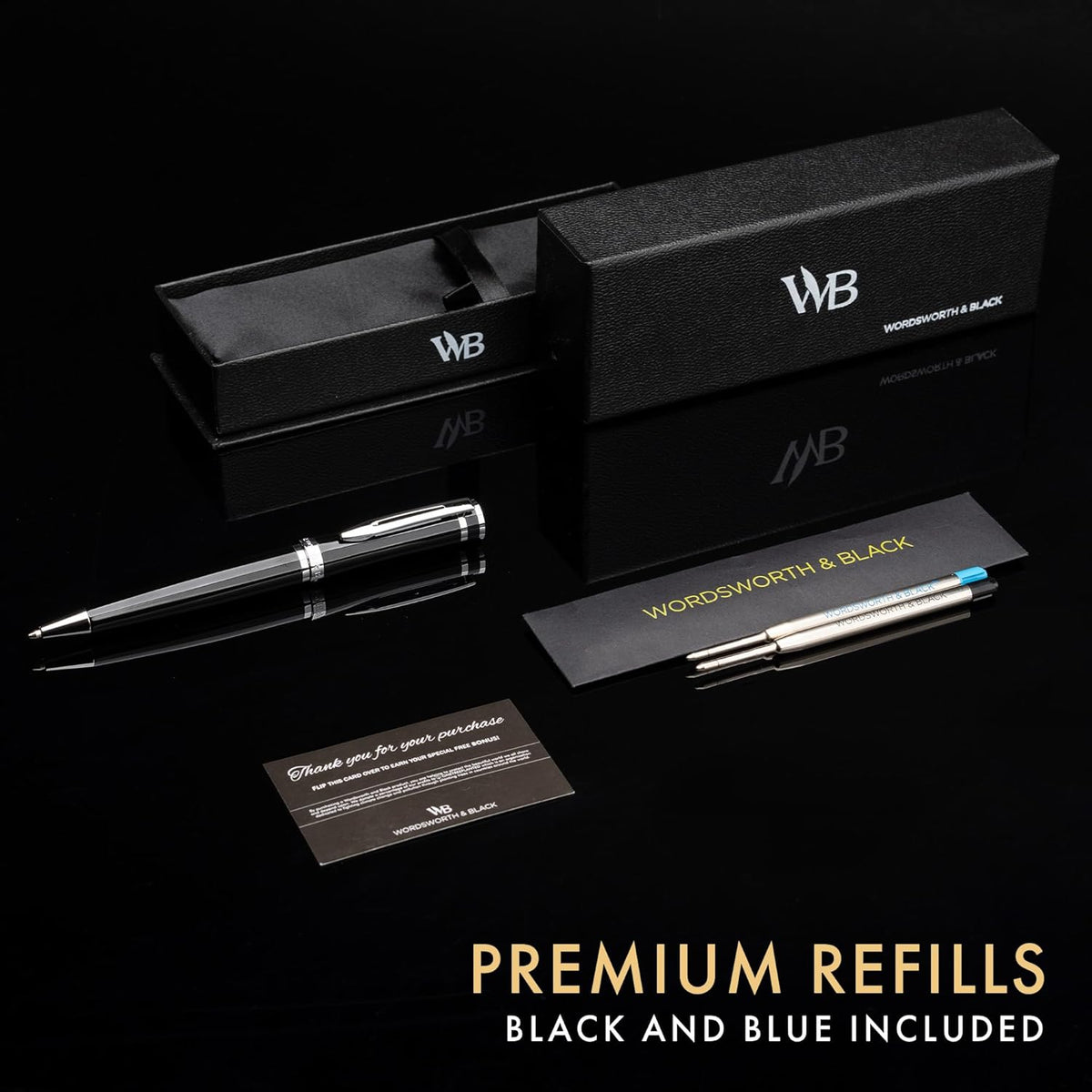 Wordsworth and Black Ballpoint Pen Black Lacquer- Stunning Luxury Pen Chrome Finish, Ink Refill, Best Gift Set for Men & Women, Refillable, Elegant, Nice Pens, Fine Point