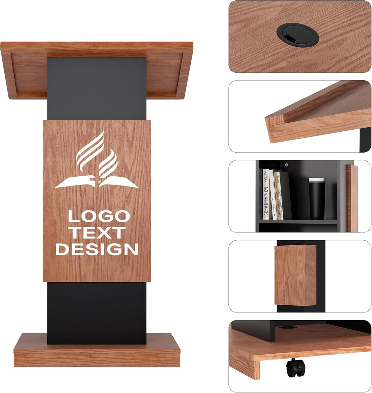 Customizable Logo & Text Podium Stand,Wood Lectern with Lockable Wheels,15MM Particle Board,Church Pulpit with Storage, Mic Stand Space,Wooden Podium for Seminars and Schools(Customized A)