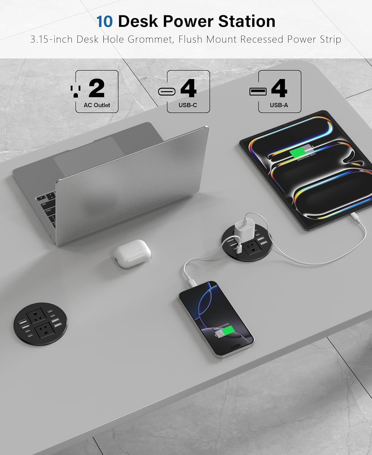 Jgstkcity Power Strip,Desktop Recessed Power Grommet,40W Total USB C Fast Charging,3.15-Inch Hole, 4 Outlets & 8 Ports, Ideal for Desktop & Countertop Flush Mount Outlet