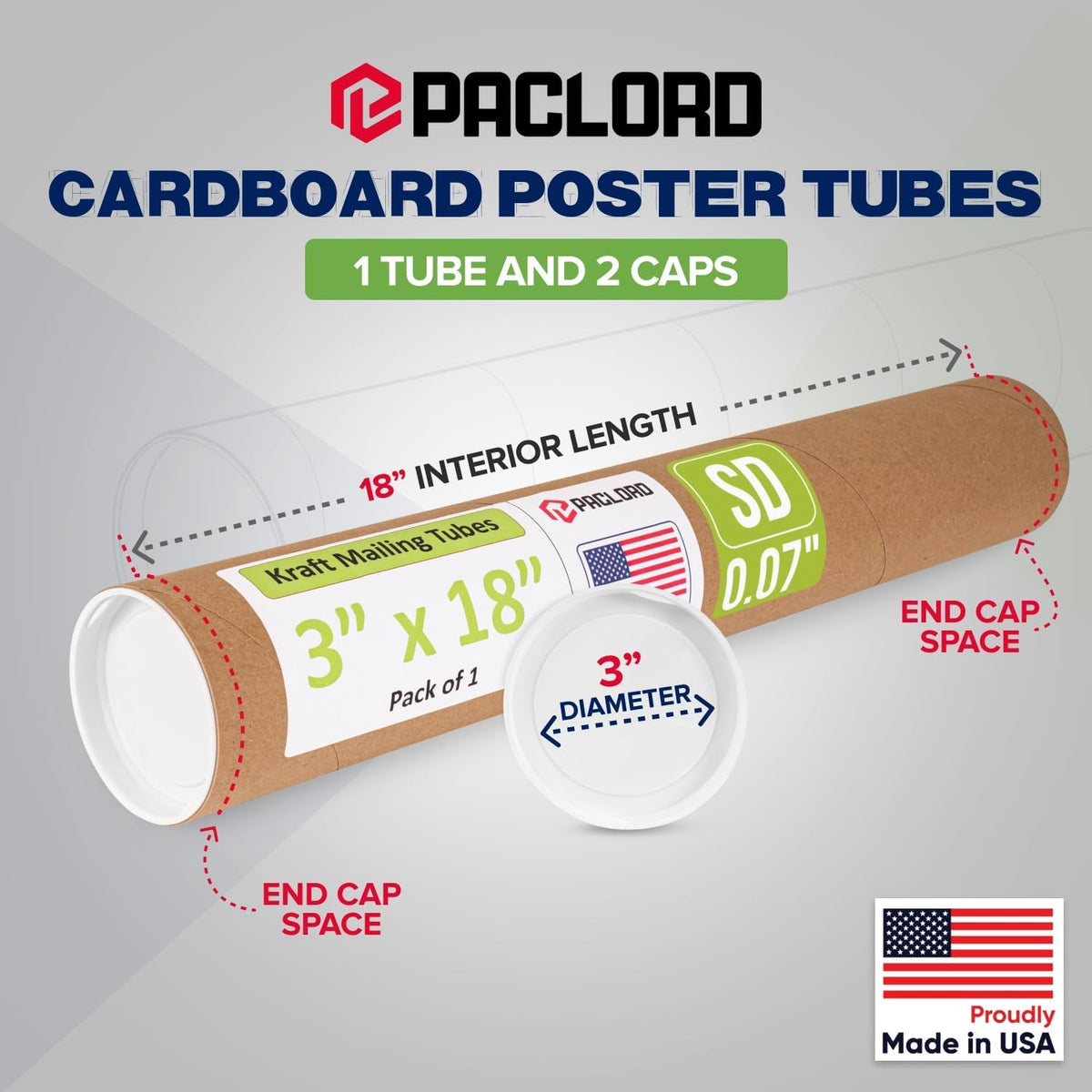 3" x 18" Reinforced Kraft Paper Mailing Tube, Pack of 1 Tube with 2 Caps – Secure USPS Approved Poster Tube – Cardboard Tube for Shipping and Storing of Posters, Prints, Artwork, or Documents
