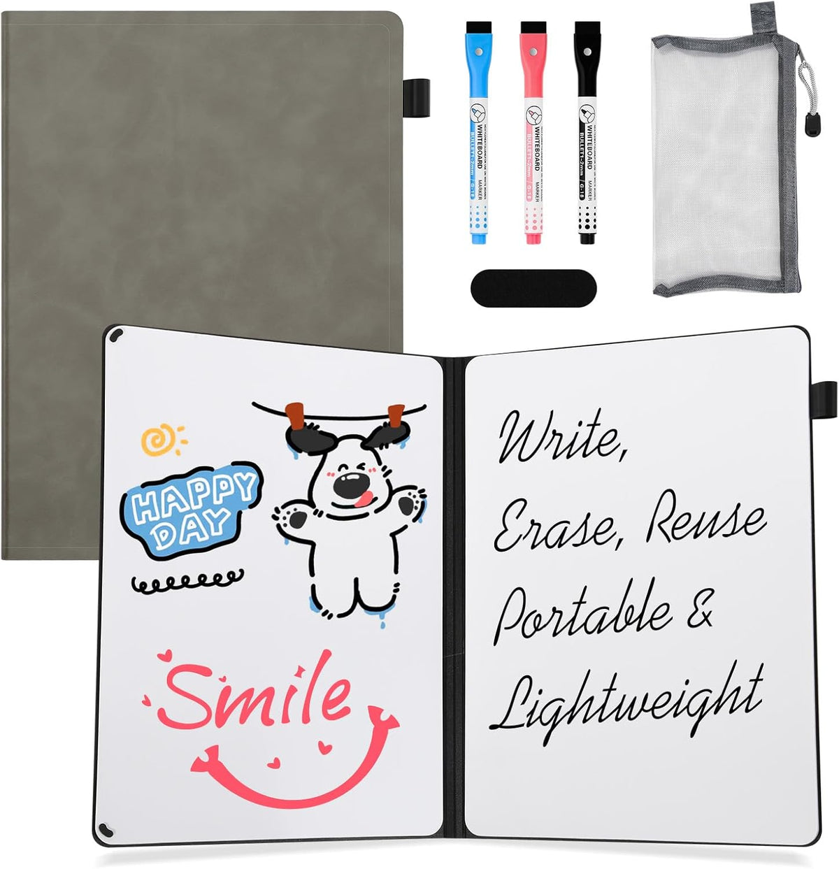 AGM Portable White Board Dry Erase Notebook, 12" x 9" Double Sided Folding Whiteboards with 3 Pens, Small Travel Dry Erase Board Skin-Friendly Material for Study, Meeting, Planning, Grey