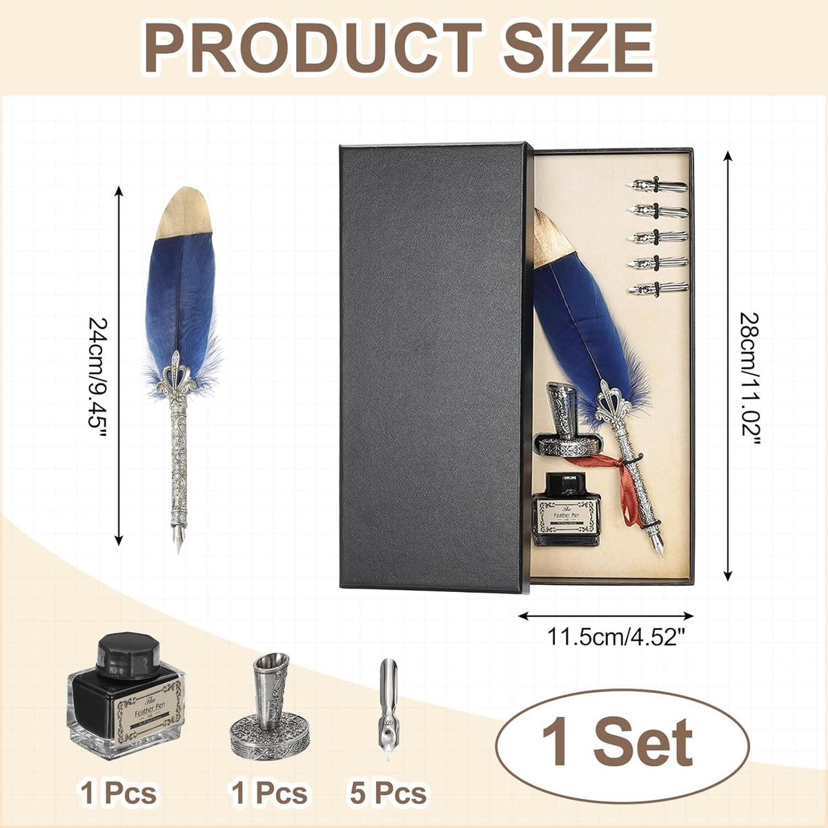 PATIKIL Feather Quill Pen Set, 1 Set Vintage Feather Calligraphy Pen Fountain Dip Pen Set with Ink, Pen Holder and Replacement Nibs for Beginner Writer Writing Gift, Navy Blue