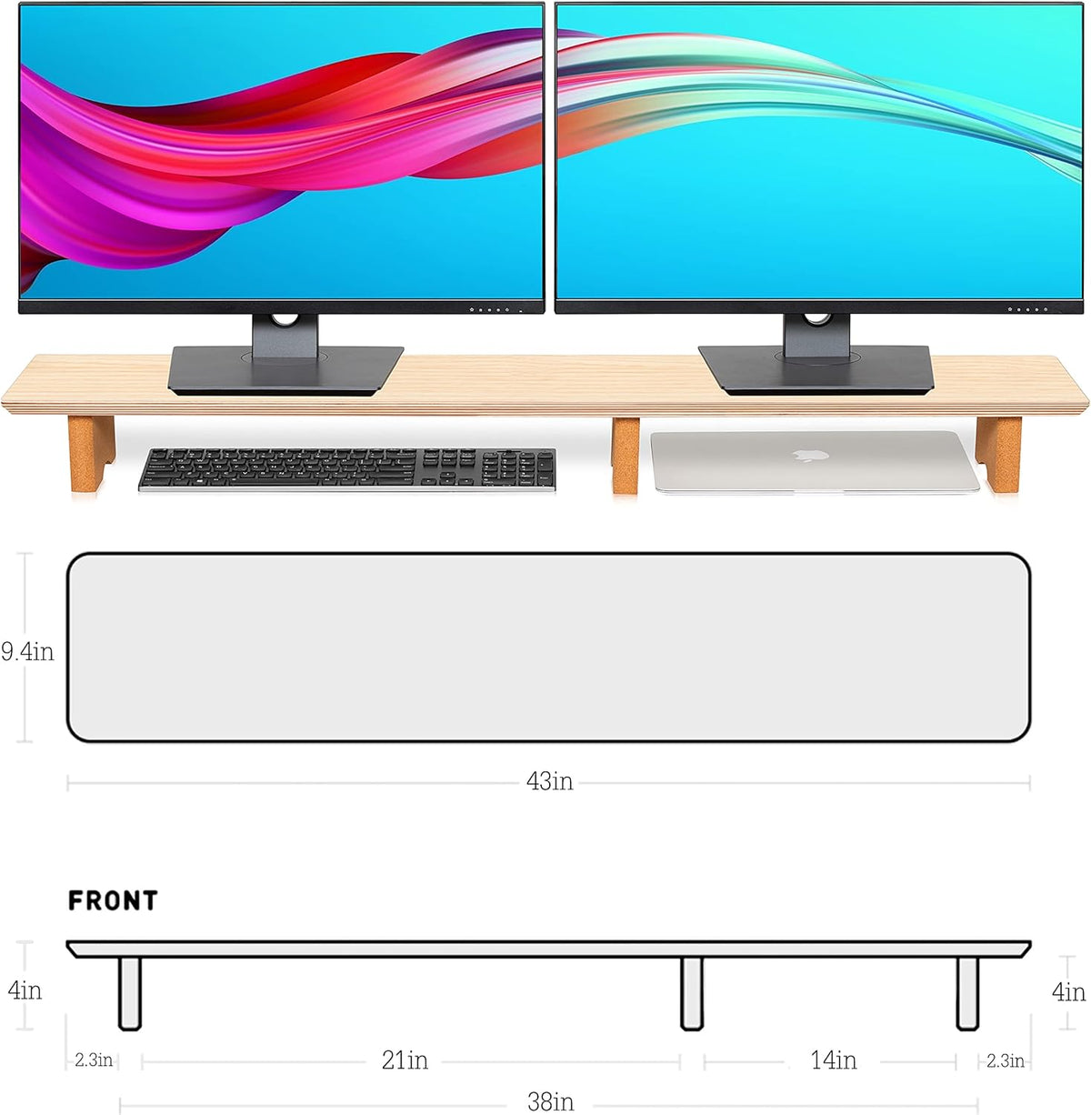 Aothia Large Dual Monitor Stand Riser, Solid Wood Desk Shelf with Eco Cork Legs for Laptop Computer/TV/PC/Printers, Perfect Desktop Stands Organizer with Underneath Storage for Office Accessories