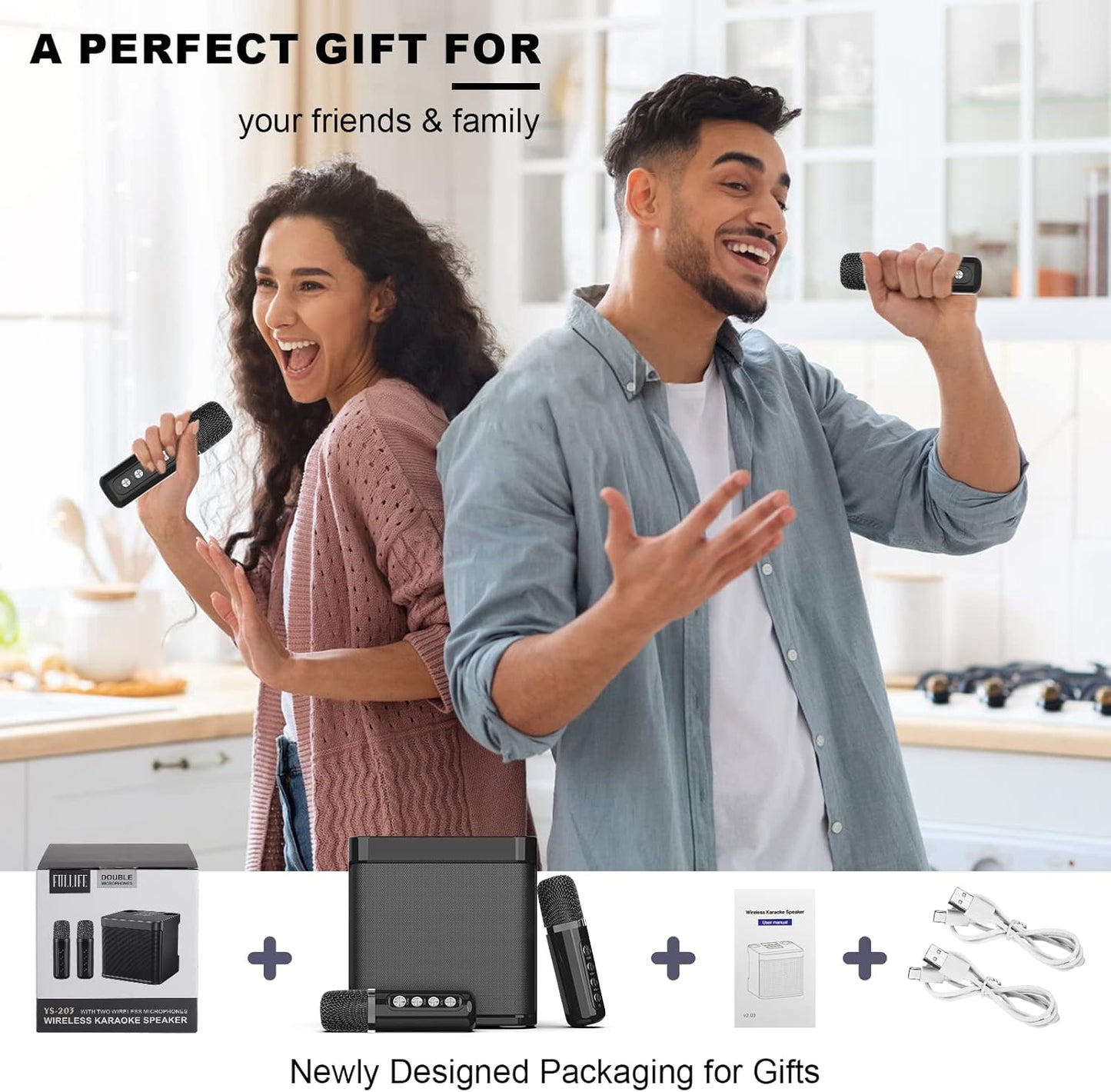 Karaoke Machine for Adults and Kids, FULLIFE Portable Bluetooth PA Speaker System with 2 UHF Wireless Microphones, Karaoke Speaker with Echo, Supports TF/USB, AUX in, for Home Party, Meeting