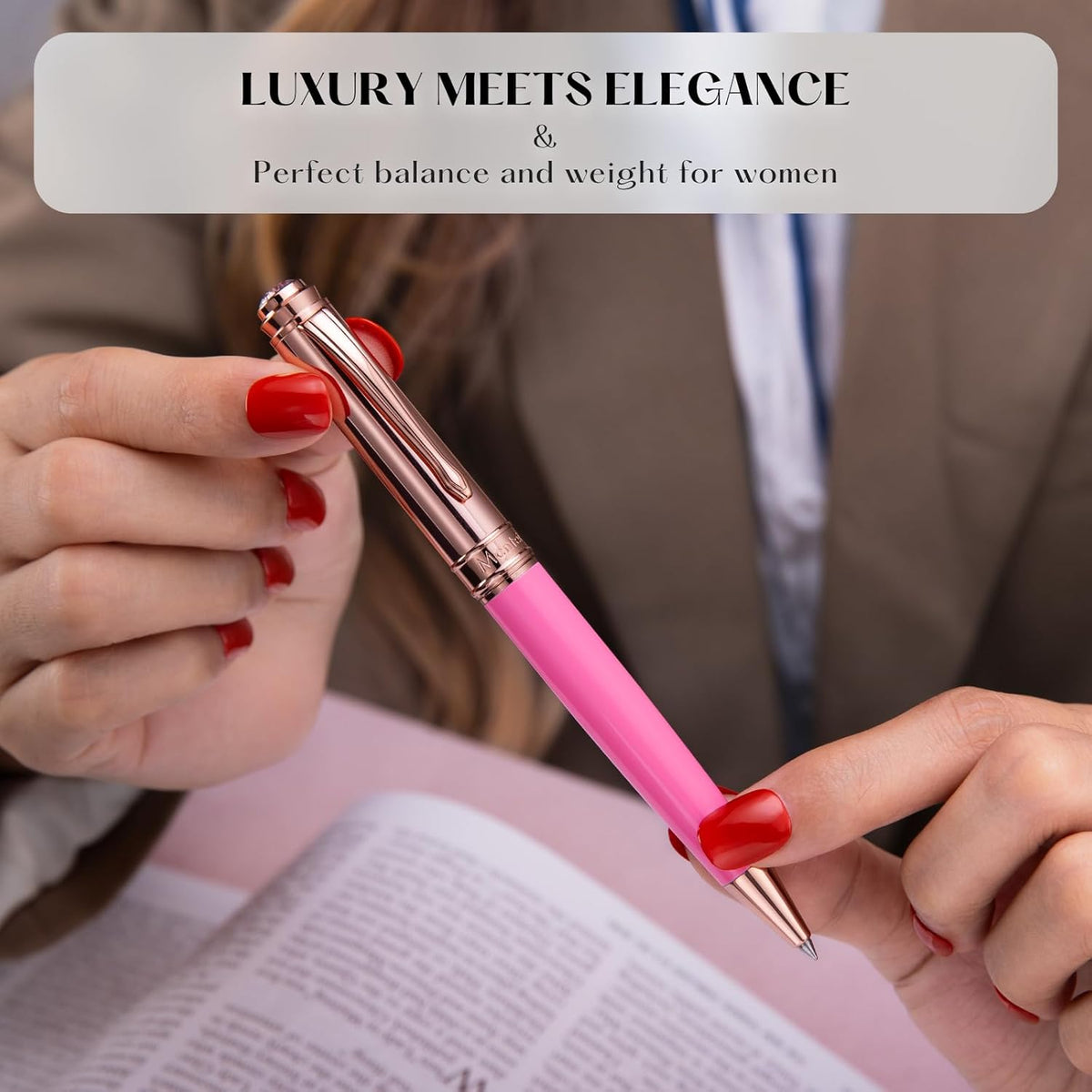 Luxury Gel Pen, Top Set With 8mm Brilliant Diamond,Vibrant Pink Pen Body,Attractive Rose Real Gold Finish, Black Refill,Elegant Gift Pen For Women, Executive, Fancy, Nice Pens