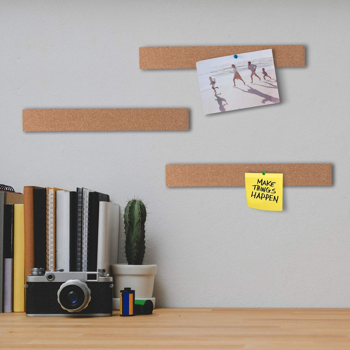 HBlife Cork Board Bulletin Board Bar Strip 15x2 Inch - 1/2 Inch Thick, Frameless Cork Board Strips with 50 Multi-Color Push Pins, Strong Self Adhesive Backing - 4 Pack