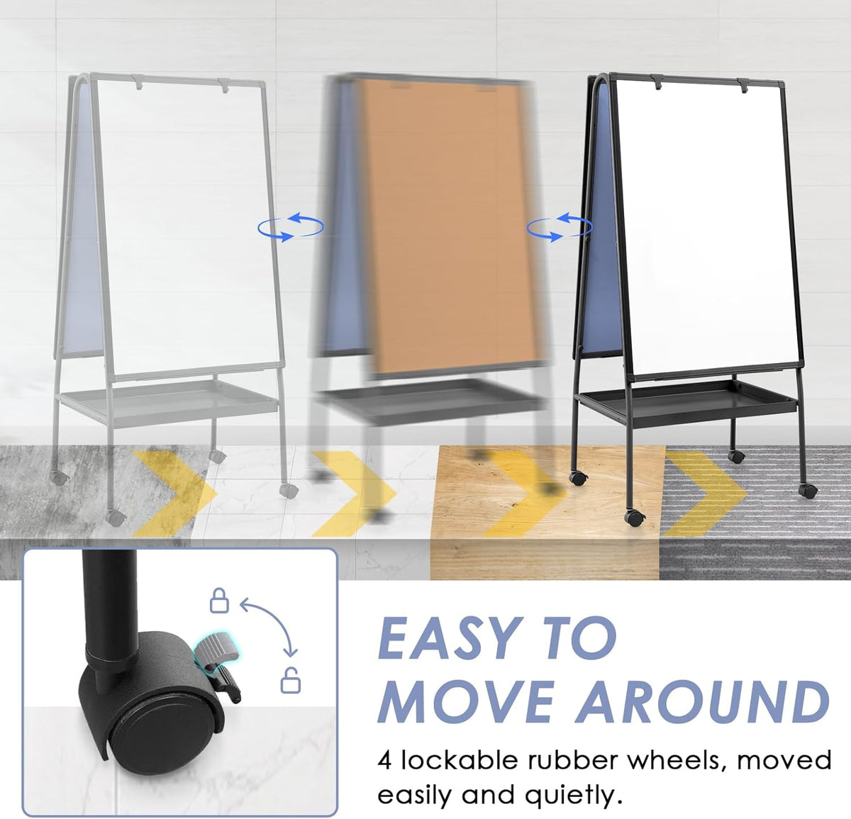 MAKELLO Rolling White Board on Wheels 36x24 in, Double-Side Standing Whiteboard Cork Board Combo with Storage Tray for Office Classroom Commerce, Height Adjustable, Aluminum Frame, 3'x2'