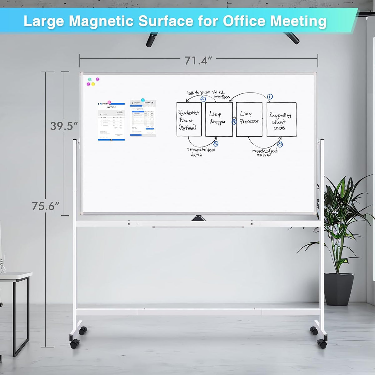 maxtek Rolling Whiteboard 72x40, Large Double-Sided White Board Dry Erase on Wheels, Giant Magnetic White Board Standing for Office, School, Home Office, Homeschool (Sliver)