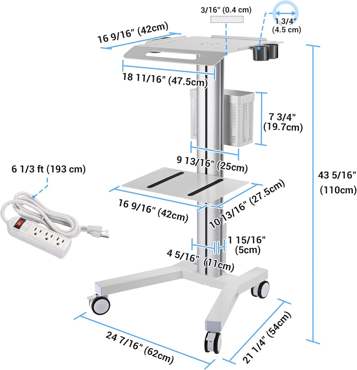 AW Medical Mobile Laptop Cart Rolling PC Stand Ultrasound Imaging Cart Computer Workstation on Wheels with Handle 220 Lbs Capacity CPU Printer Power Strip Holder for Dentistry Clinic Lap Hospital