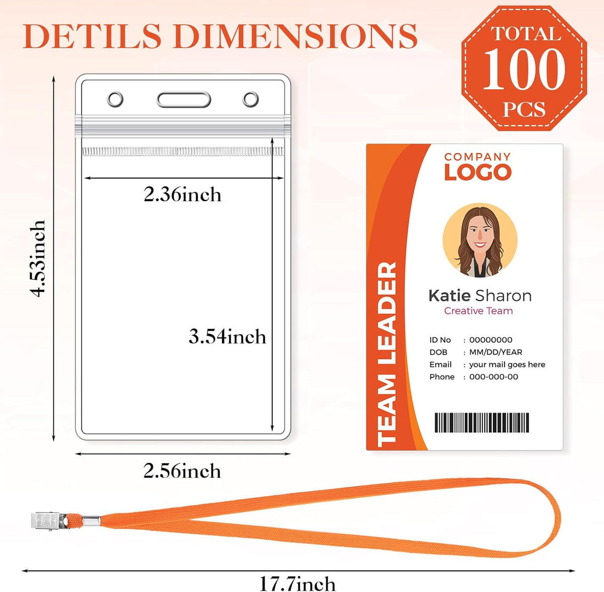 Marspark 100 Pcs Name Tag Lanyards with ID Holder Lanyards for ID Badges Resealable Flat Neck Name Tag with Clip Waterproof Plastic Clear Badges Bulk for School Office Supplies (Orange)