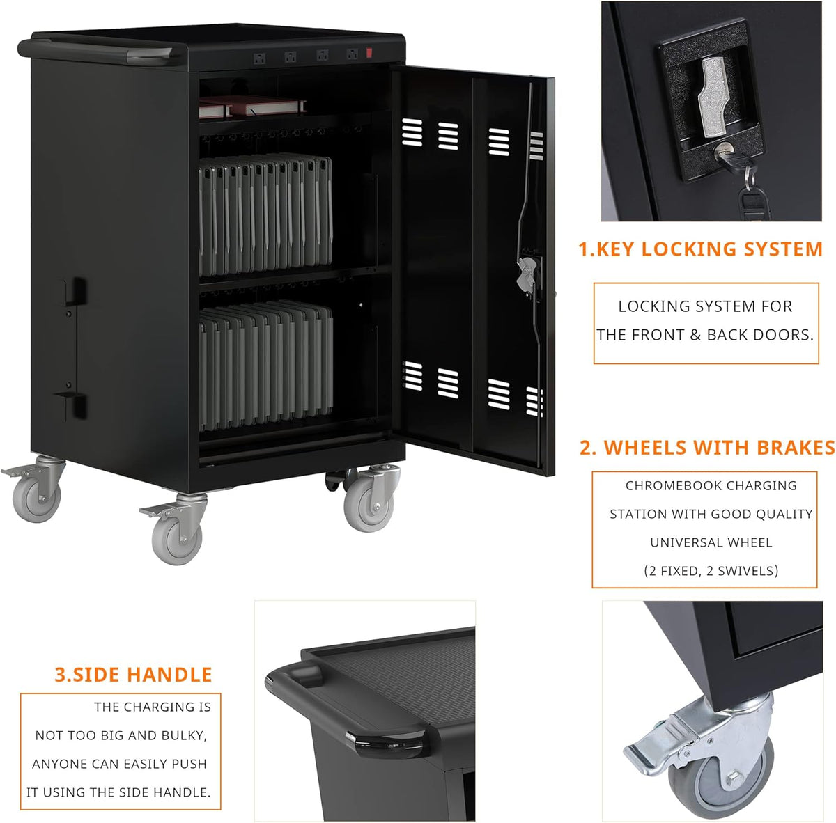 35 Device Mobile Charging Cart, Chromebooks and Laptop Computers, Locking Charging Station with Lock & Key for The Front Back Door, Surge Protection