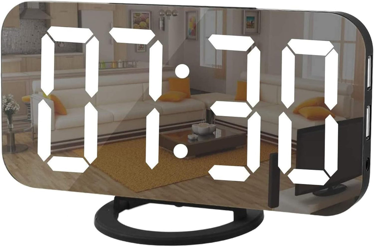 Digital Clock Large Display, LED Alarm Electric Clocks Mirror Surface for Makeup with Diming Mode, 3 Levels Brightness, Dual USB Ports Modern Decoration for Home Bedroom Decor-Black
