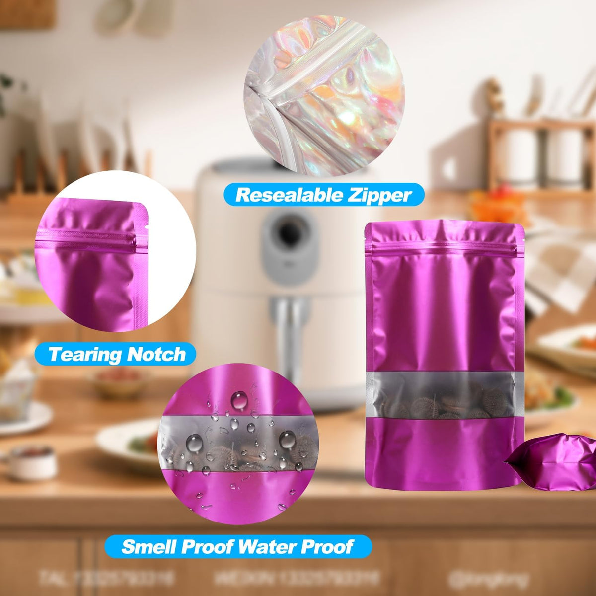 100 Pack Smell Proof Bags, Resealable Mylar Bags with Matte Window, Foil Pouch Stand-up Bags for Food Self Sealing Storage, Scratch Resistant Hand Storage Bags.(Purple, 5.5×7.9 Inch)