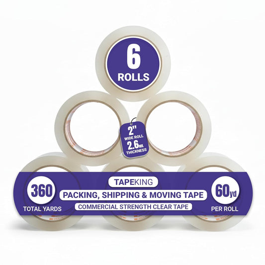 Tape King Queit Clear Packing Tape | 60 Yards Per Roll (6 Rolls) | Heavy Duty Packing Tape 2.6mil Strong Adhesive for Moving Boxes, Shipping Cartons, Office Use, Storage & Wrapping (360 Yards)