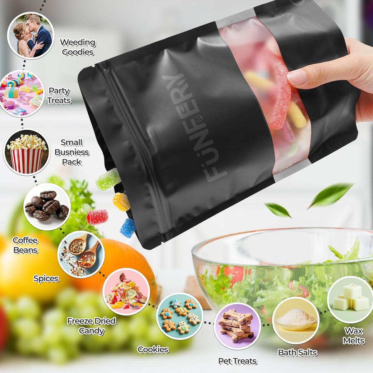 Funfery 100 Pcs Smell Proof Packaging Bags,Mylar Clear Bags for Food Storage,Sealable Bag for Packaging,Stand Up Pouches with Window,ReSealable Bag for Small Business,Cookies,Candy(Black,4.7x7.9in)