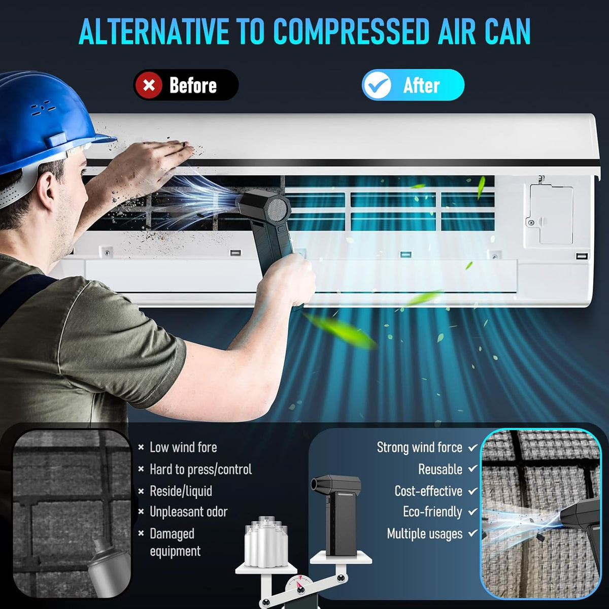 Electric Air Duster - Vacuum 2 in 1 & Cordless 6000mAh Mini Turbo Fan Blower, Keyboard Computer Car Cleaner, Replaces Compressed Air Can, Black(300000RPM)
