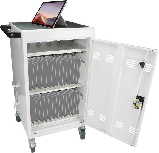 30-Device Mobile Charging Cart with Charging Power Strip and Front and Rear Access Locks, Cable Management, Up to 17"", Safe Charging Cabinet for Ipads, Chromebooks, Tablets, Laptops White