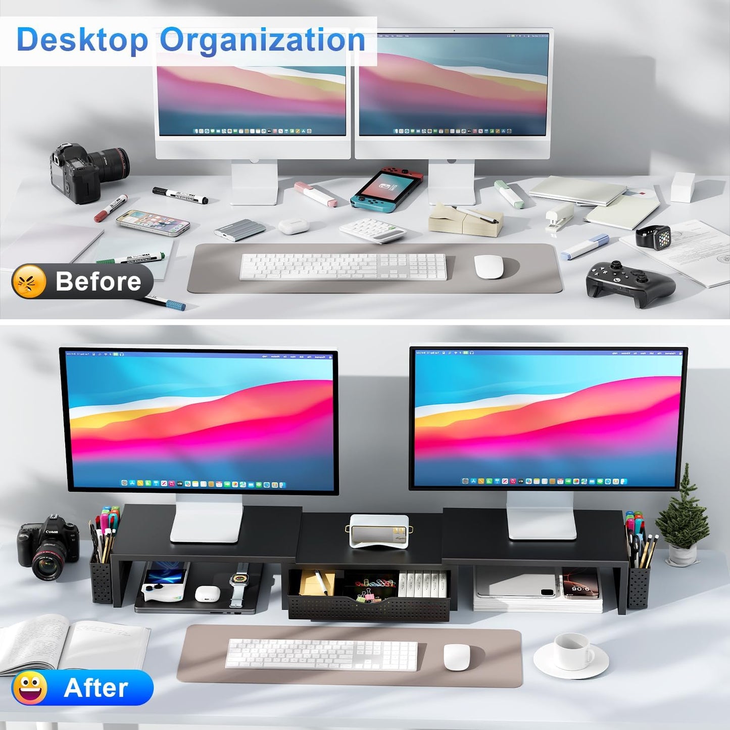 gianotter Dual Monitor Stand Riser, Desk Organizer With Drawer and 2 Pen Holders, Computer Monitor Stand, Shelf for Top of Desk, Black