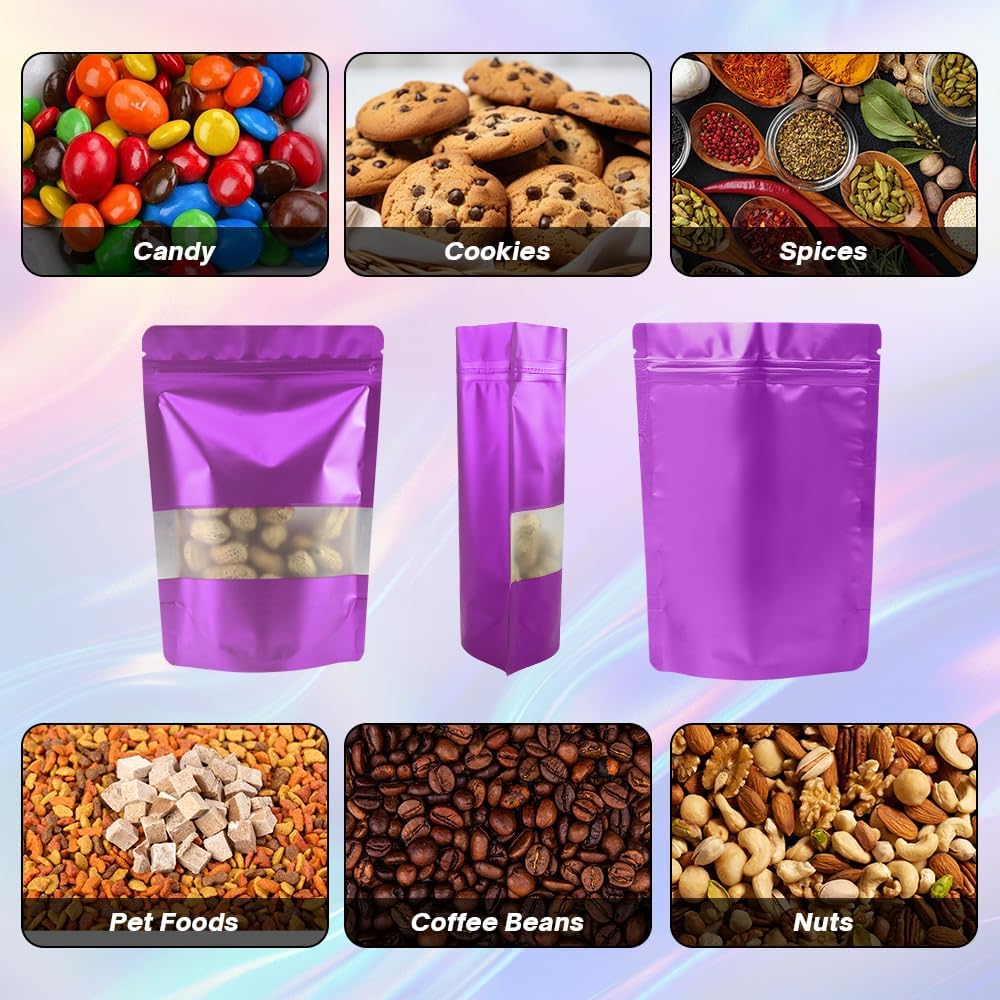 4CP 100 Pcs Purple Zipper Smell Proof Bags with Window, 6.3x9.5 Inch Stand Up Foil Pouches for Food Selfsealing Storage, Reusable Bag for Packaging Small Business, Cookies, Nunt, Candy