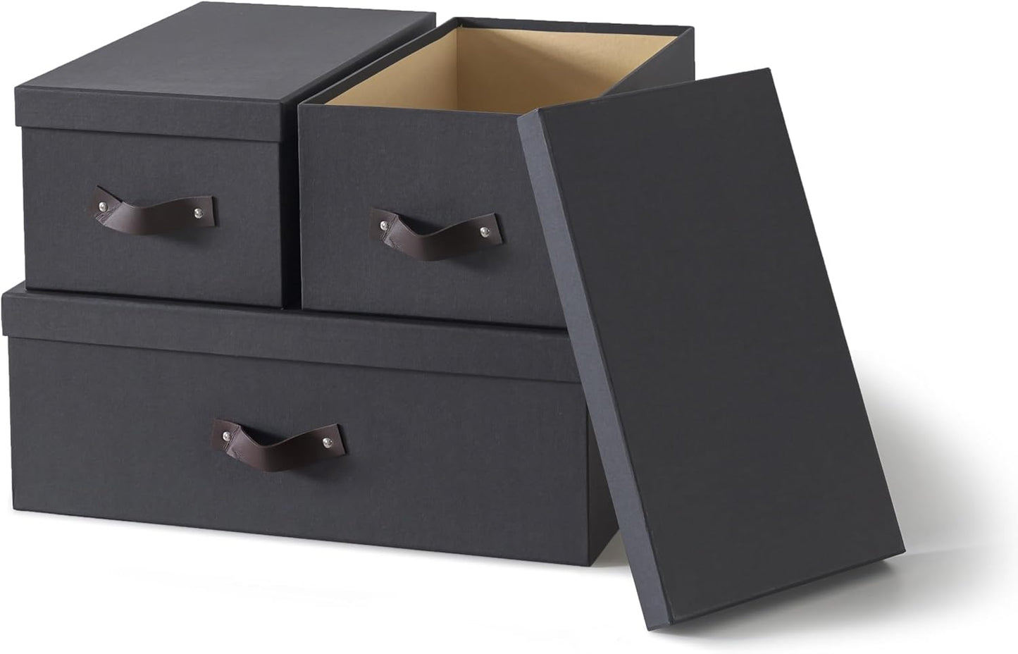 Soul & Lane Decorative Storage Boxes with Lids - Set of 3 (One Large and Two Medium), Sturdy Cardboard Organizers for Photos, Versatile Boxes with Handles for Office & Home, Dark Gray