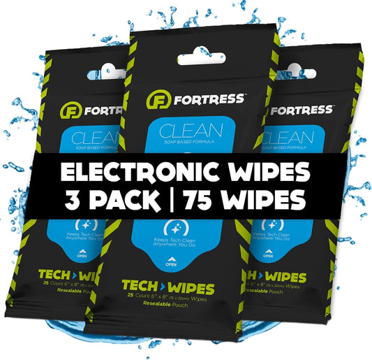 Fortress Electronic Wipes (25 ct, Pack of 3) To-Go Tech Wipes for Screens, Phones, Keyboards, TV Monitors, Computer Screens, and More [Travel Size] Skin-Safe