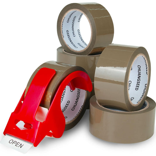 CHUANGSEED Packing Tape with Dispenser – 6 Rolls Brown Shipping Tape (2.4Mil x 1.88” x 60 Yards), Heavy Duty Box Sealing Tape for Moving, Packaging, Office, Warehouse