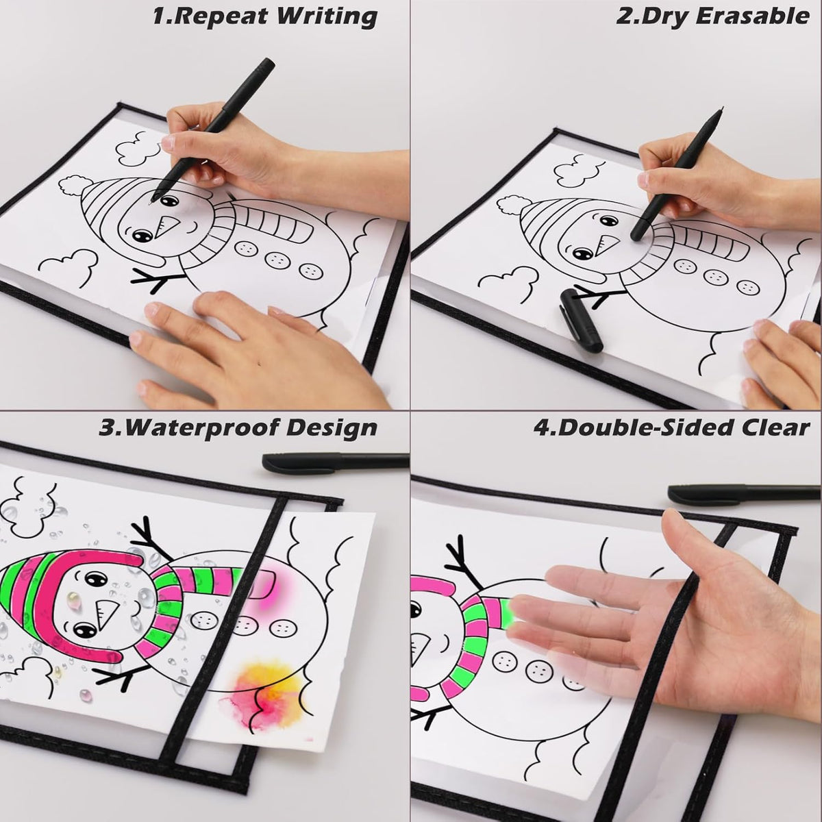 60 Packs Dry-Erase Pockets Bulk Oversized Reusable Dry Erase Pocket Sleeves with 4 Rings, 10x14 Black Ticket Holders, Clear Plastic Sheet Protectors, Teacher School Classroom Supplies