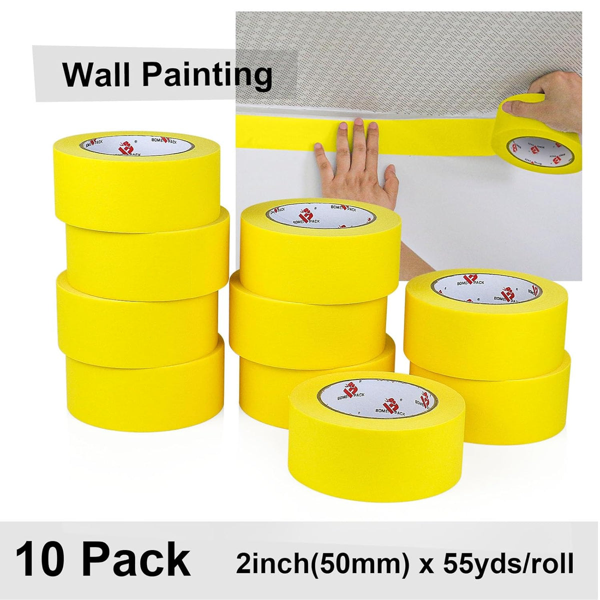 BOMEI PACK 10 Rolls Painters Tape 2 inch Wide, Painter's Tape Yellow Masking Tape 2 inch x 55 Yards for Walls Painting, Home Improvement and School Projects, Total 550 Yards