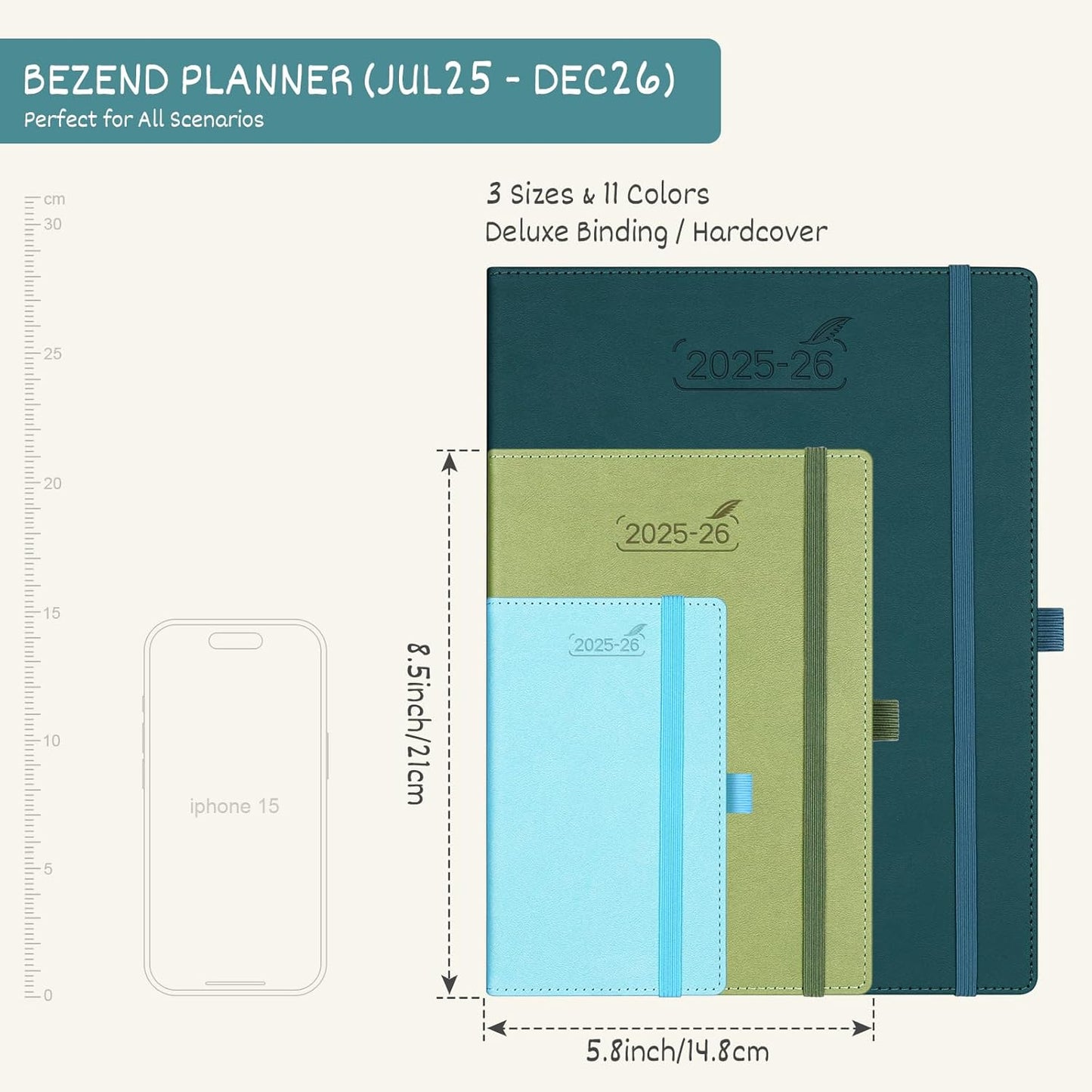 BEZEND Planner 2025-2026 Weekly and Monthly, 5.8" x 8.5" Academic Calendar (Jul 25-Dec 26) Vertical Daily Appointment with Hourly Timeslot & Monthly Tab, PU Leather Hardcover - Sky Blue