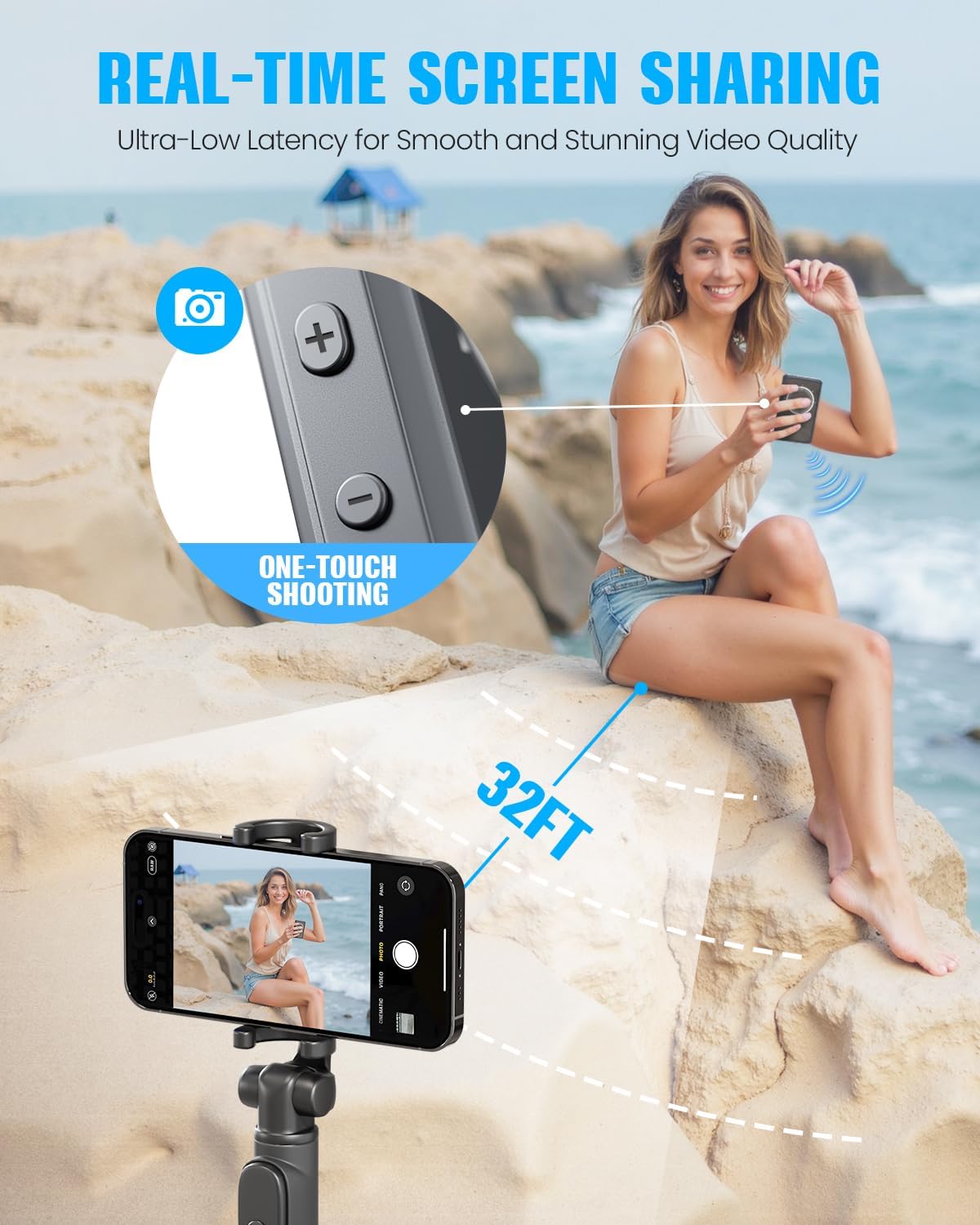 Vlog Selfie Monitor Screen, Magnetic Phone Selfie Screen 4K/1080p 60fps Bluetooth Remote, Back Camera Monitor Built-in Speaker for Vlog Live Stream TikTok (Grey)