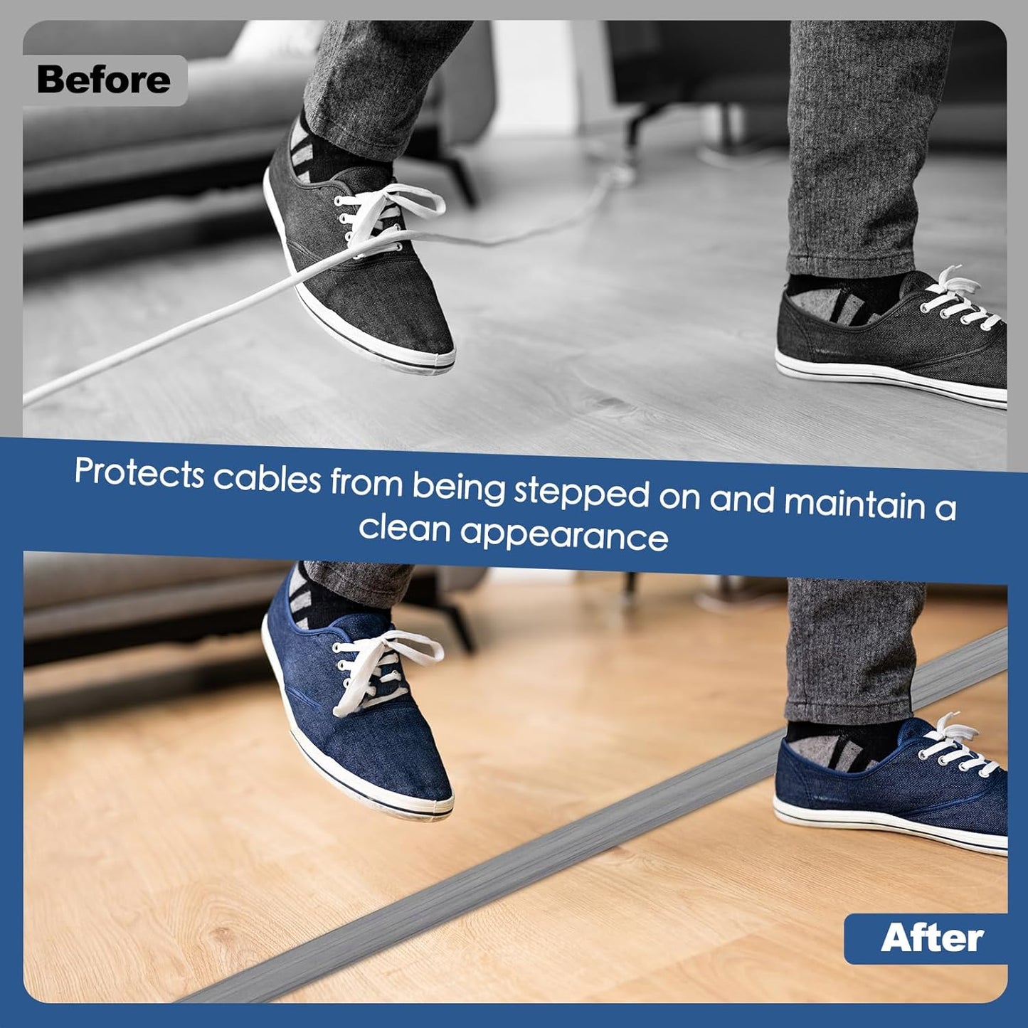 Floor Cord Cover for Wires on Floor Self Adhesive Cord Hider Floor Cable Management Wire Covers for Cords Protector Prevent Cable Trips Cord Cavity W 0.51" x H 0.31", Gray Wood, 3.3Ft